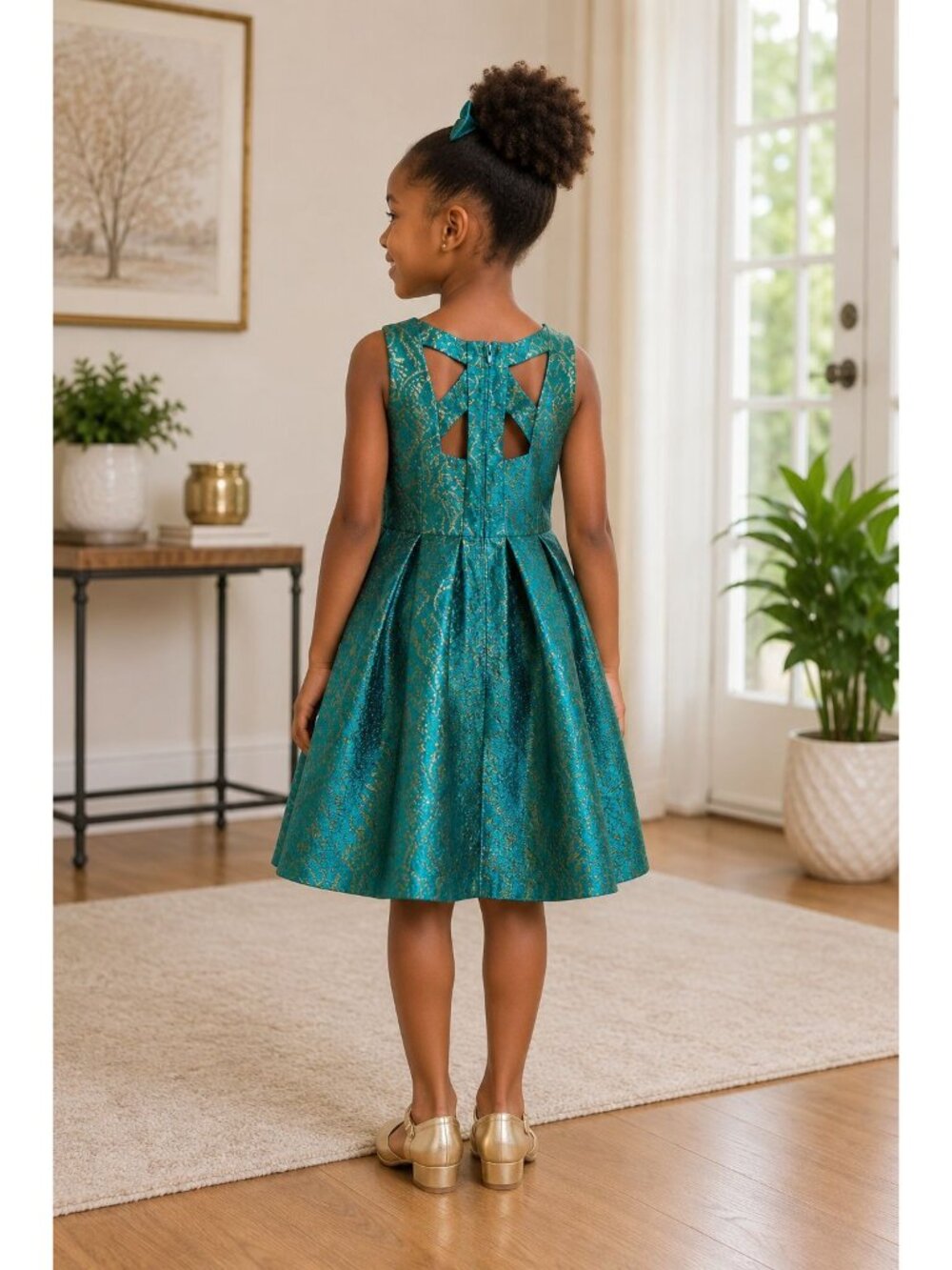 Place Little Girls Size 5 Dress Teal Sleeveless Gold Brocade Bow Back Party Chic - Picture 5 of 8